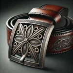 DALL·E 2025-01-06 22.15.17 – A high-quality leather belt buckle with intricate design details, featuring a brushed metallic finish and engraved patterns. The buckle is attached to