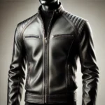 DALL·E 2025-01-06 22.53.39 – A premium leather jacket worn by a human model, showcasing a classic, sleek design made from high-quality black leather with a polished finish. The ja