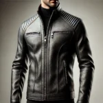 DALL·E 2025-01-06 22.54.41 – A goat leather jacket worn by a man, featuring a sleek, modern design made from high-quality black goat leather with a polished and textured finish. T