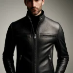 DALL·E 2025-01-06 22.56.14 – A goat leather jacket worn by a man with a visible face, featuring a sleek, modern design made from high-quality black goat leather with a polished an