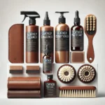 DALL·E 2025-01-06 23.11.20 – A leather maintenance kit displayed on a clean white background. The kit includes multiple items such as a bottle of leather cleaner, a bottle of leat
